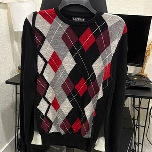 Express Argyle Sweater in Black, Red, and Gray